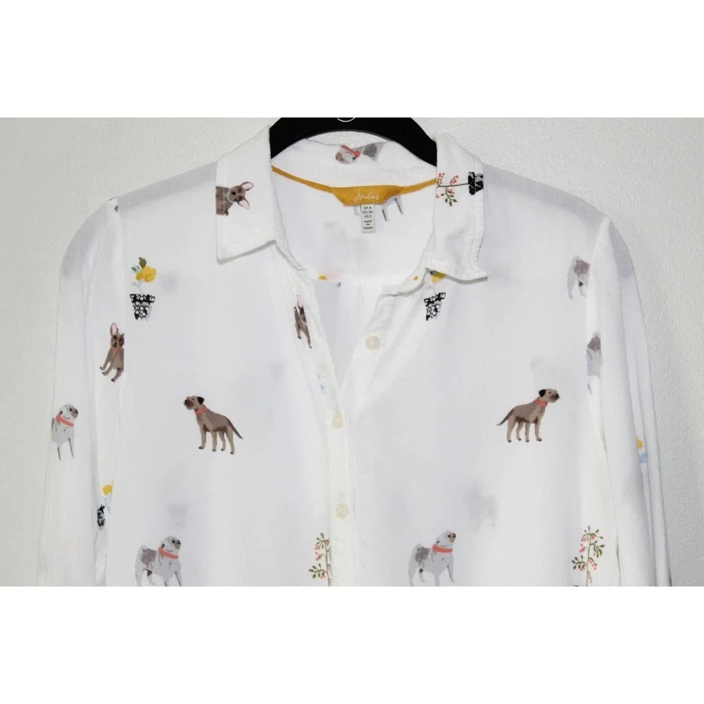 Joules Elvina Dog Print Button Up Shirt White Blouse LS Women's Size 2 H13483 - Picture 4 of 14